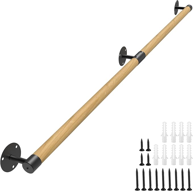 7FT Round Wooden Handrail for Indoor Staircase Handrail,Wall Mount Support Stair Railings, Non-Slip Safety Corridor,Lofts,Patio,Guardrail Wood Hand Railings for Elderly,Children,Disable People