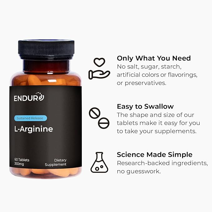 Endur L-Arginine Supplement, Helps Support Healthy Blood Flow & Heart Function, Exercise Performance & Immune Health, Gluten Free, 350mg (60 Tablets)