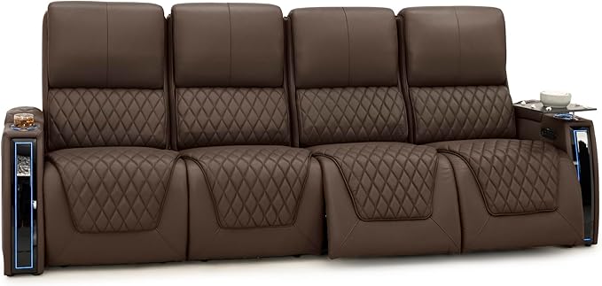 Seatcraft Apex Zero-Gravity CoolZero Italian Leather Home Theater Seating, Powered Headrest, Powered Lumbar, Powered Recline, Row of 4 Sofa, Brown