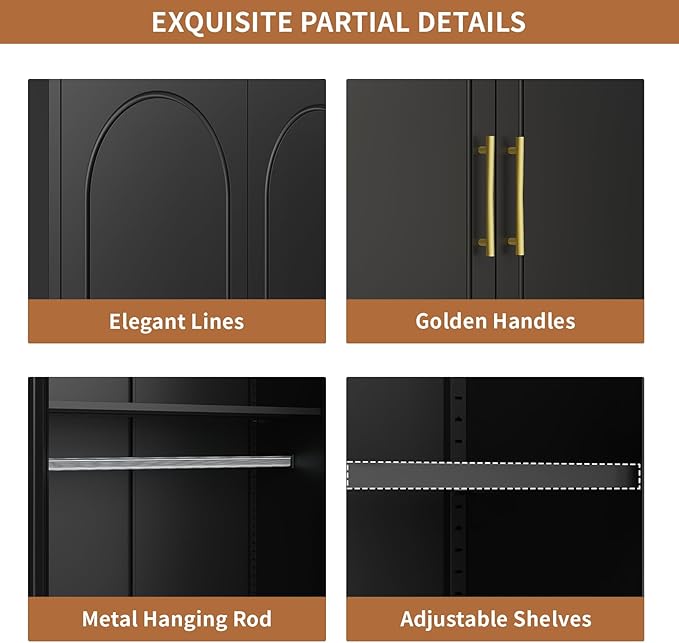 Metal Armoire Wardrobe Closet with Doors and Shelves, 71" Tall Wardrobe Closet with Hanging Rod, Freestanding Clothes Cabinets, Large Wardrobes for Bedroom, Home Office, Employee, Black