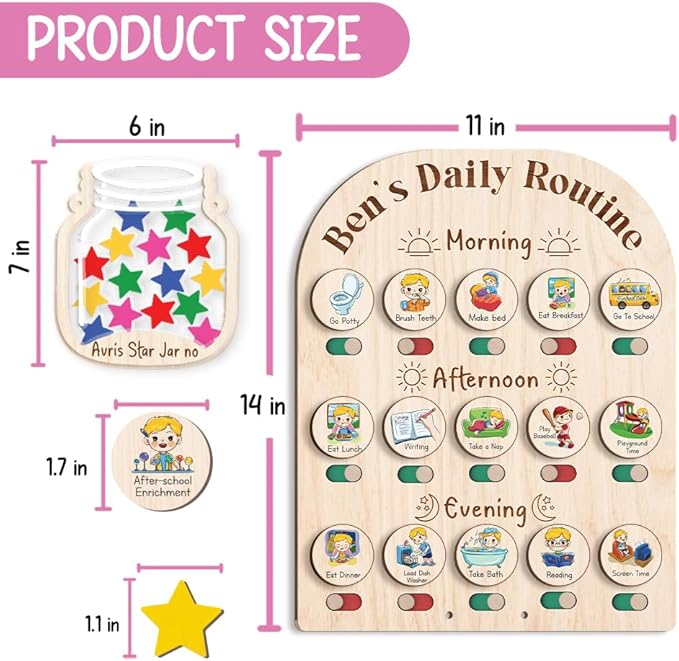 Personalized Wooden Daily Routine Chart with Stars Reward Jar, Visual Schedule, Routine Chart for Toddlers, Morning Bedtime Routine Chart