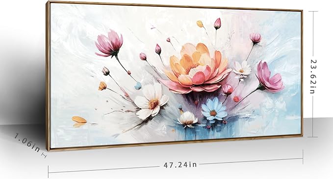 amatop Large Framed Floral Wall Art | Elegant Abstract Pink & Blue Bloom Bouquet – Daisy Peony Botanical Wall Art for Living Room, Bedroom & Dining Room (48x24 Inch)