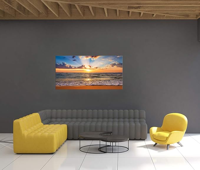 Muolunna BK1850 Wall Art Decor Large Canvas Print Picture Sunrise Ocean Beach Waves Scenery Modern Painting Artwork for Office Wall Decor Home Decoration Stretched and Framed Ready to Hang, 20x40inch