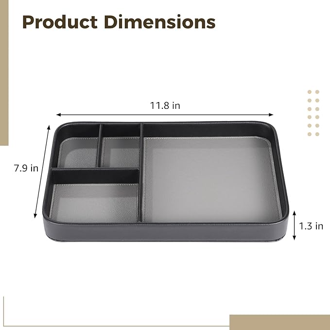 4-Compartment PU Leather Tray, Divided Catchall Organizer for Desk and Entryway, Stylish PU Leather Valet Tray, Multifunctional Storage Organizer for Phone Key Watch Wallet Jewelry