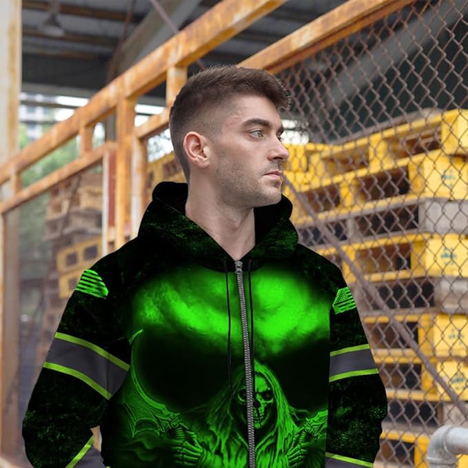Maddly Hi Vis Reflective Zip Up Hoodie, High Visibility Safety Jacket with Skull Design for runner, worker, trucker, cyclist