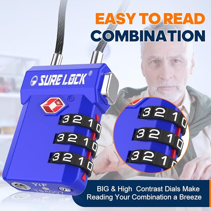 SURE LOCK TSA Approved 3-Digit Combination Luggage Locks – Open Alert Indicator, Re-settable Code with Zinc Alloy Body, Easy-Read Dials for Suitcase, Backpack, Gym Locker & Toolbox (Multiple Colors)