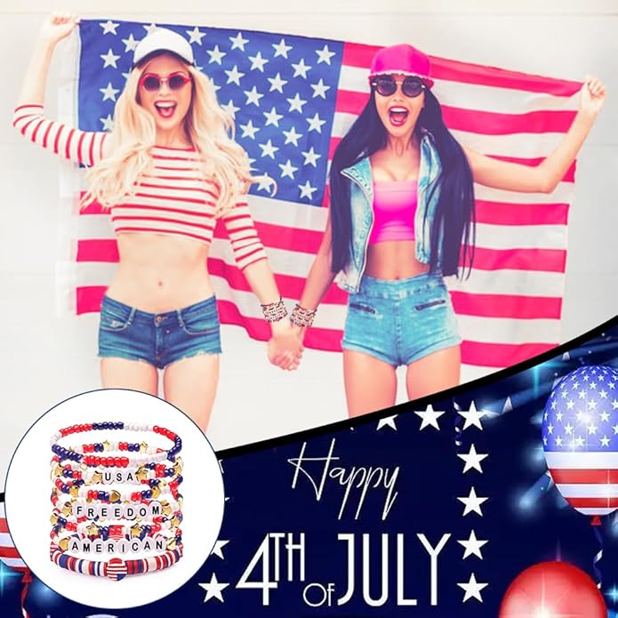Independence Day Gifts for Women Men Teens Red White Blue Clay Beaded Stackable Stretch Bracelets USA Patriotic Jewelry 4th of July Accessories