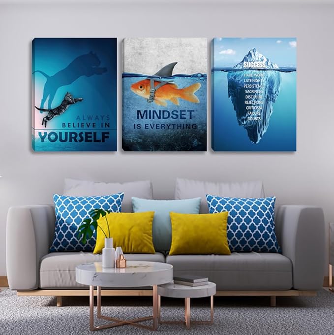Unbruvo Motivational Wall Art for Office, 3 Pieces Cat Glacier Fish Canvas Print, Inspirational Quotes Wall Decor for Living Room, Bedroom, Dorm-(72''Wx 36''H)