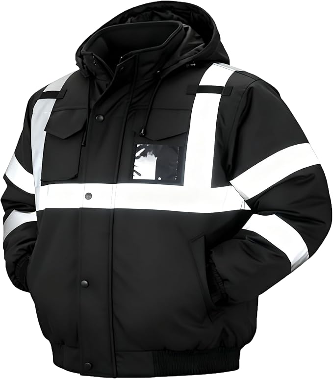sesafety Reflective Jacket for Men, High Visibility Jackets, Safety Jackets for Men, Hi Vis Construction Bomber Jackets Waterproof with Pockets and Zipper, Black Bottom, Class 3