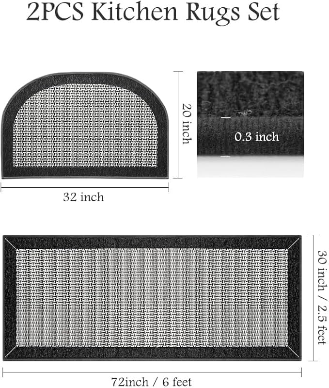 PADOOR Non Slip Kitchen Rugs Sets of 2 - Extra Large 2.5'x6' + 20"x32" (Rectangular + Semicircular) Runner Rugs Non Skid Washable, Absorbent Kitchen Floor Mat for in Front of Sink 2 Piece Black