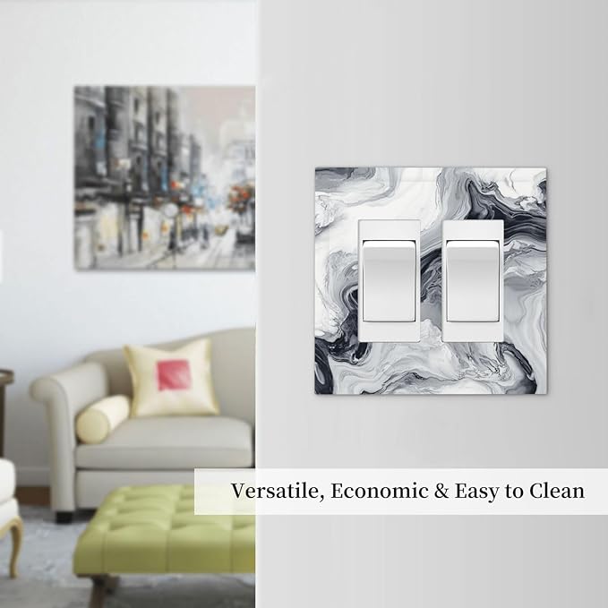 Abstract Marble Ink Texture Grey Marble Print Decorative Outlet Covers 2 Gang Double GFCI Rocker Electrical Wall Panels Light Switch Cover Plate for Bathroom Kitchen Decor