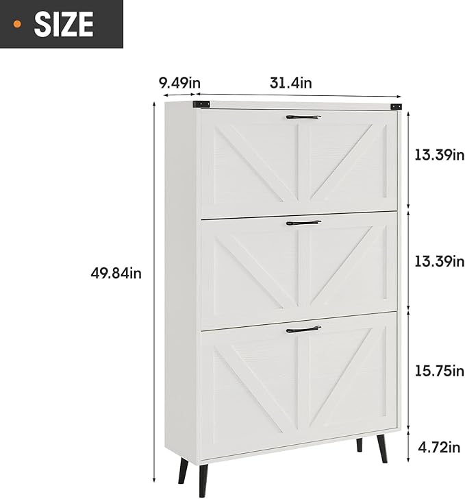 Shoe Cabinet with 3 Flip Drawers,Farmhouse Shoe Organizer Cabinet with Legs for Entryway,Narrow Slim Freestanding Rack Cabinet for Foyer,Hallway,White