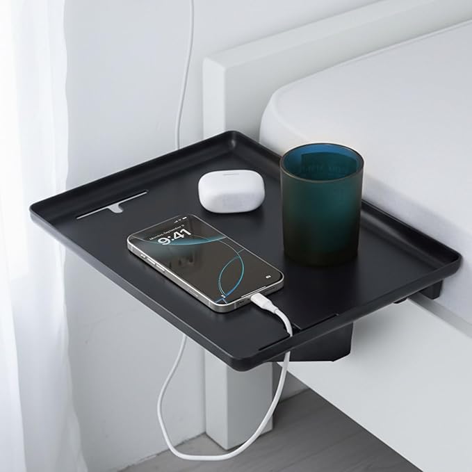 WELTOKE Bedside Shelf for Dorm Bed,Clip on Floating Bedside Table,Bunk Bed Shelf for Top Bunk,Beds Side Table Tray Organizer,Attachable Bedside Table with Cable Management for Dormitory,Black