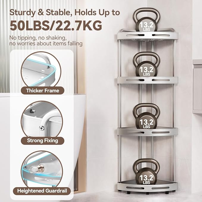 Corner Shower Caddy Stand, 4 Tier Rustproof Standing Shower Organizer with Soap Holder, Aluminum Shower Shelf for Bathroom Storage, Silver