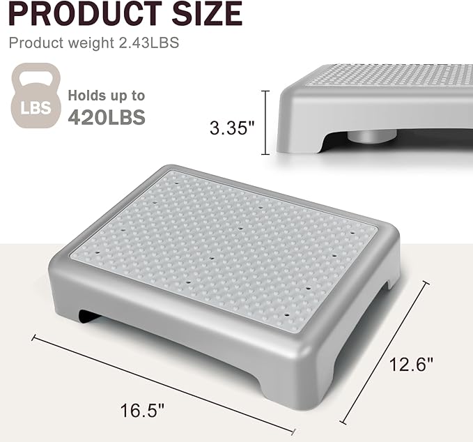 GWNF3.35'' Short Step Stool – 600lb Capacity Ultra-Sturdy Structure & Lightweight Step Stools for Seniors, Kids & Adults | Non-Slip Wide Platform | Mobility Step Stool for Indoor & Outdoor（Grey-Grey）