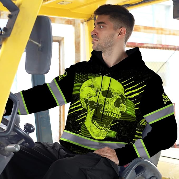 Matedecor Skull US Flag Reflective High Visibility Hoodie For Men Construction Hi Vis Safety Workwear Custom Name