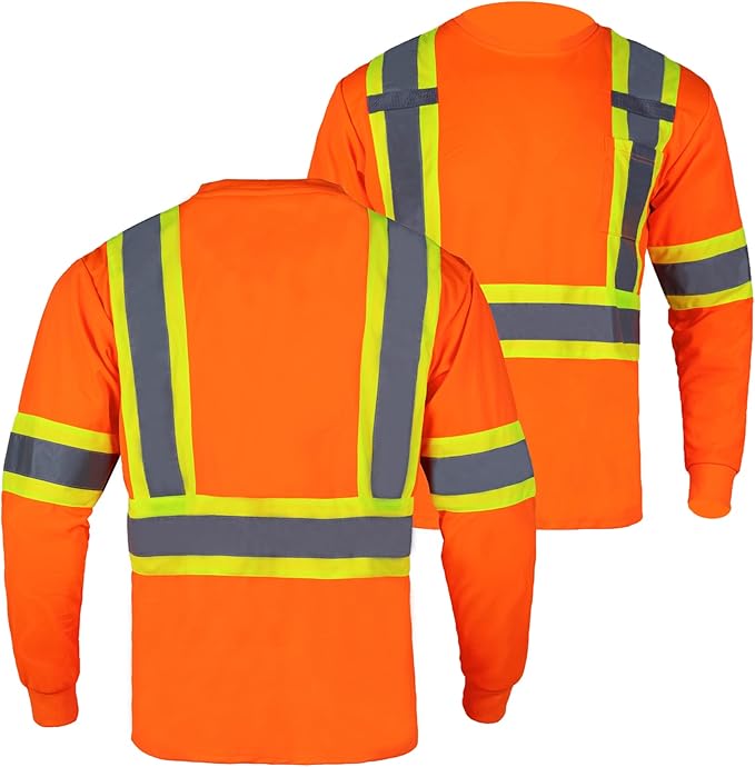 FONIRRA Hi Vis Shirts for Men Reflective ANSI Class 2 Safety Long Sleeve High Visibility Work Construction T Shirts Orange