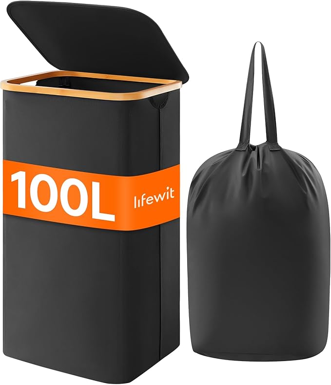 Lifewit 100L Laundry Basket with Lid, Clothes Hampers for Laundry with Bamboo Handles and A Removable Bag, Large Foldable Laundry Hamper for Bedroom, Bathroom, Dorm, Laundry Room, Black