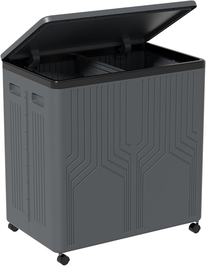 130 L Large 2 Section Laundry Hamper, Plastic Rolling Laundry Basket with Wheels, Grey