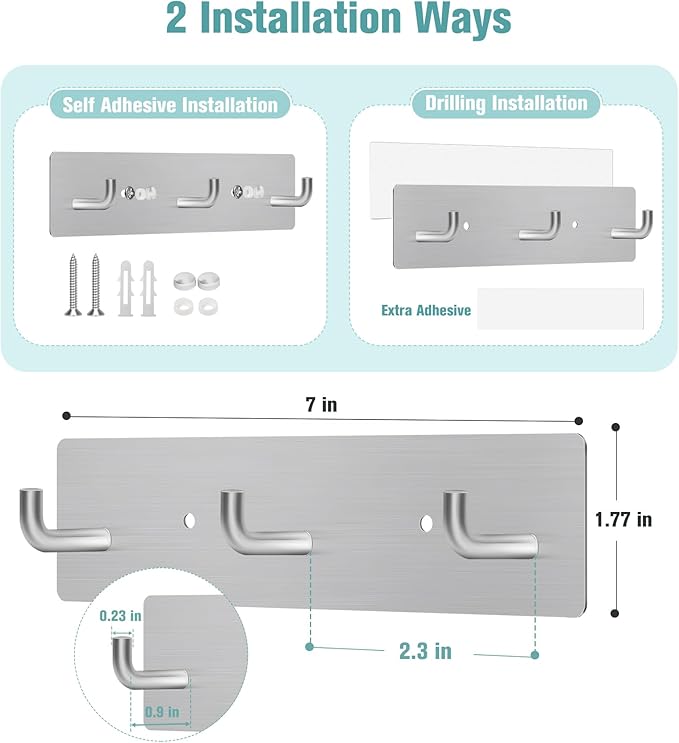 RELBRO Key Holder Wall Mount, Small Metal Self Adhesive Key Rack with 3 Hooks, 2 Installation Options, Silver