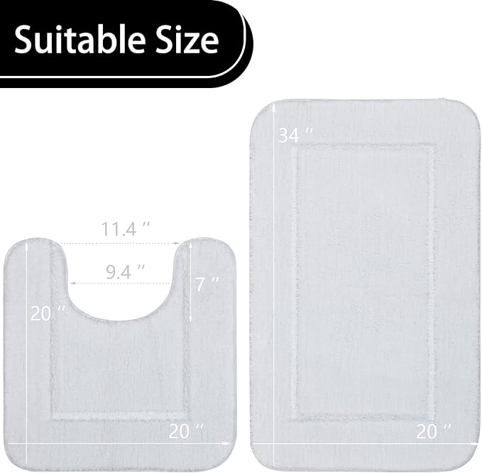 LOCHAS Bathroom Rug Set White, Soft Bath Rug Set 2 Piece, Toilet Mat U-Shaped 20x20 and 34x20 Bath Rugs, Quickly Dry Mats for Bathroom, Tub, Washable, Super Absorbent Floor Mat