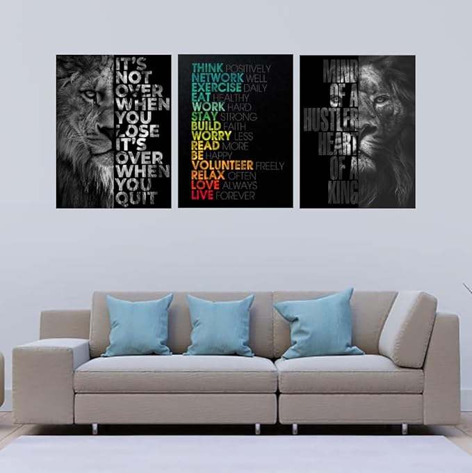 Unbruvo Motivational Office Wall Art Inspirational Canvas Wall Art Lion Picture Print Entrepreneur Quote Wall Painting 3 Pieces Artwork for Living Room Bedroom Classroom Home Decor(60”Wx28”H)