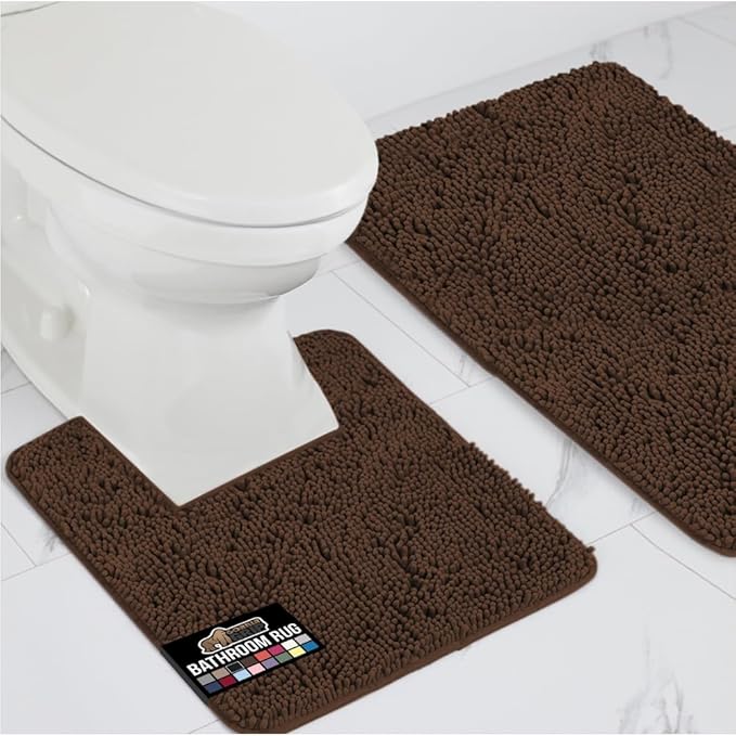 GORILLA GRIP Bathroom Rug Sets, Soft Chenille 2 Piece Area Rugs Set, Toilet Base Mat and 30x20 Carpet, Absorbent Microfiber Washable Mats Dry Quickly, Home Décor and Bath Room Accessories, Brown