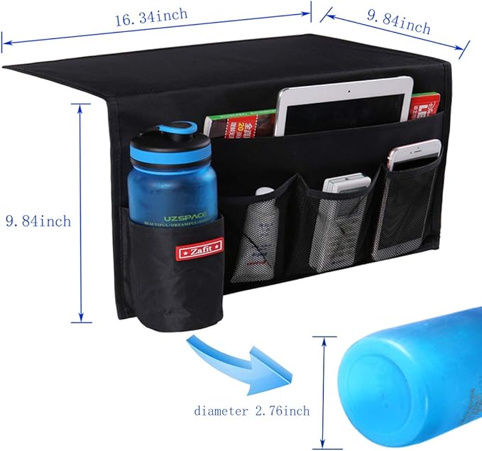 5 Pockets Bedside Caddy, Bedside Storage Organizer for Water Bottles, Magazines, Phone, Glasses (5 Pockets-Black)
