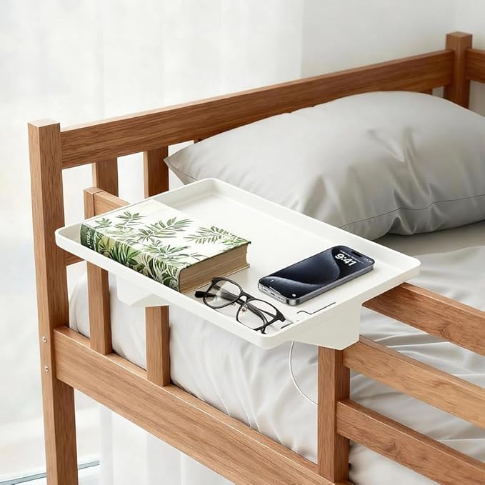 KUK Bedside Shelf for Dorm Room, Metal Bunk Bed Table Shelf with Cord Hole for Top Bunk, College Dorm Room Essentials, Clip on Nightstand Tray Organizer for Bunk Loft Dorm Bed (White)