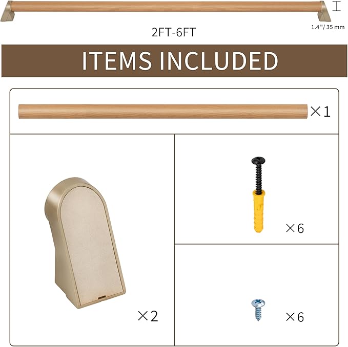 3 FT Modern Aluminum Handrail Set - ADA Compliant Indoor & Outdoor Stair Railing. 1.4" Diameter Grab Bar. Wall-Mounted with 90°Wall Return End. Ideal for Safe Grip，Rust Free(Cherry Wood Grain, 3FT)