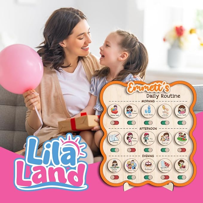 Personalized Wooden Chore Chart for Kids, Daily Routine Chart for Toddlers, Visual Schedule for Kids Age 3-5, Morning Bedtime Routine for Girls (06)