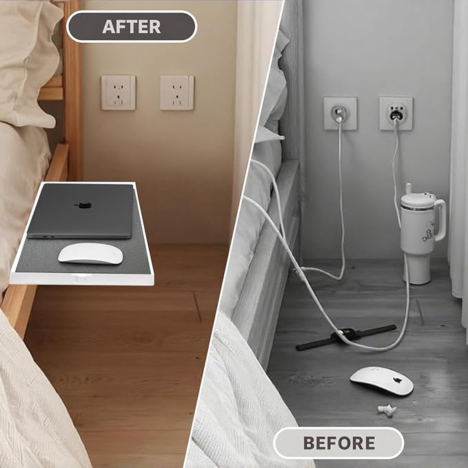 Metal Bedside Shelf for Bunk Bed & Top Bunk, Clip On Bed Side Table Tray Organizer for College Dorm Room,Loft Nightstand, Organizer Tray with Hook, Cord Clip and Cup Holder (White)