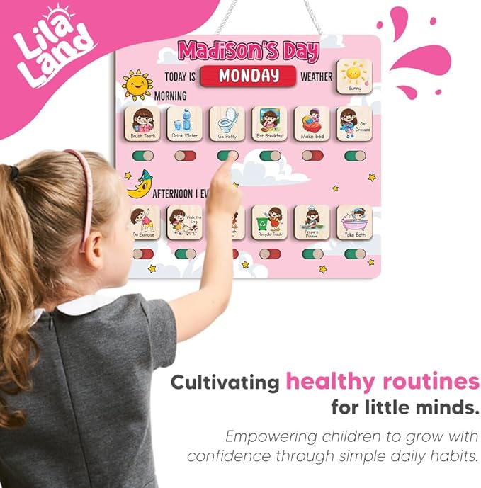 Personalized Wooden Chore Chart for Kids, Daily Routine Chart for Toddlers, Visual Schedule for Kids Age 3-5, Morning Bedtime Routine for Girls (03)
