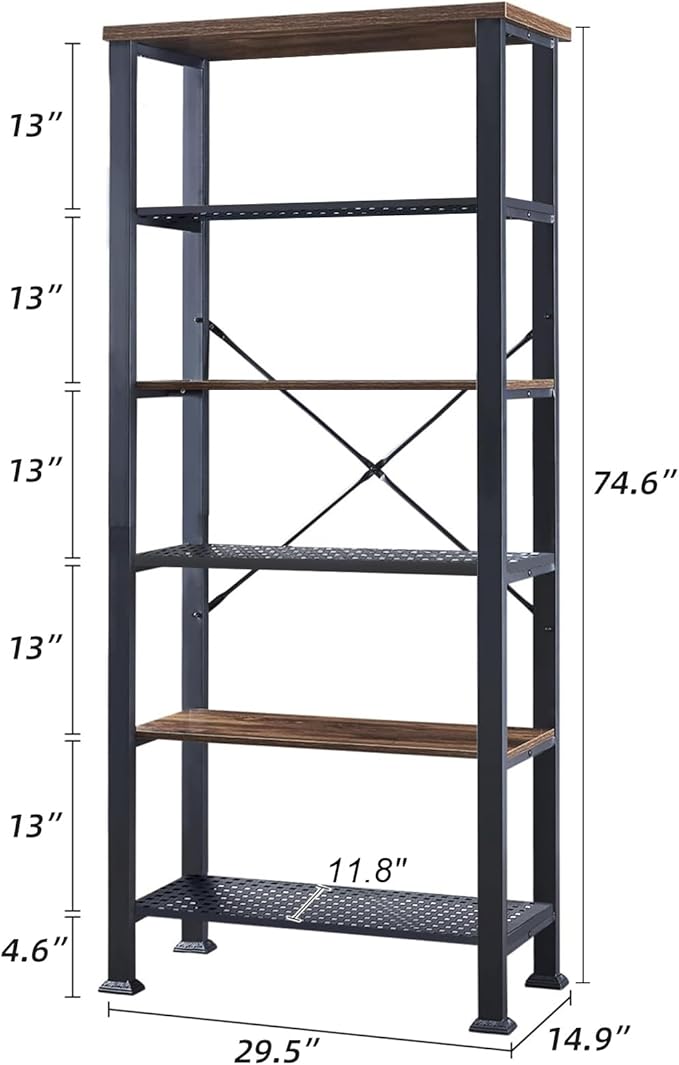 HOMBAZAAR 6 Tier Bookshelf,Grey Industrial Book Shelf,Engineered Wood and Metal Deep Bookshelves,Low Shelf Bookcase for Living Room,Office,Bedroom and Kitchen