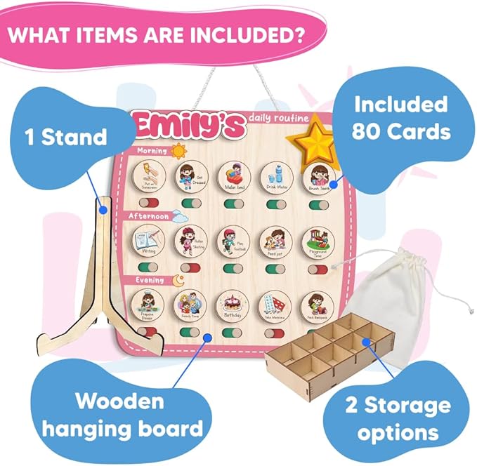 Personalized Wooden Chore Chart for Kids, Daily Routine Chart for Toddlers, Visual Schedule for Kids Age 3-5, Morning Bedtime Routine for Girls (09)