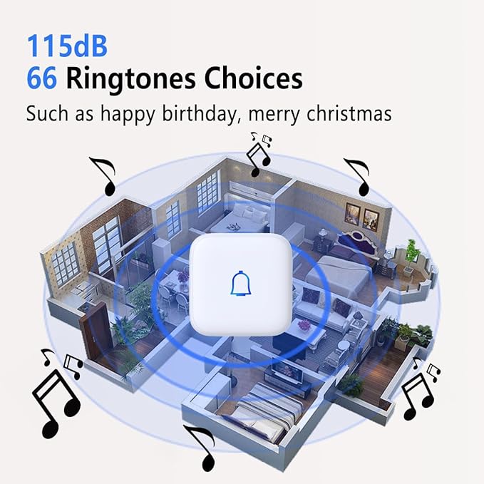 Wireless Doorbell IP66 Waterproof 1000 Feet with 66 Chimes 115dB 7 volume levels Mute Mode with LED Flash Doorbell Ringer Wireless for Kids Room Teachers Classroom Home Office & Hearing-Impaired