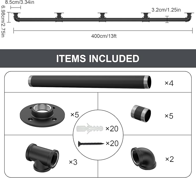 13FT Industrial Stair Railing Wall Mount Staircase Handrail φ1.3 Pipe Hand Rail for Steps Grab Bar Foot Rail Vintage Pipe Railing Black Deck Handrail for Outdoor Indoor Stairs Porch