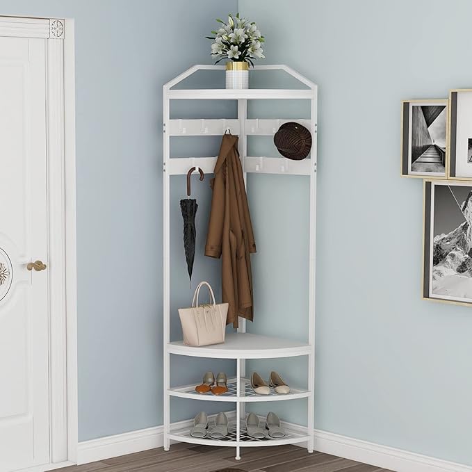 GiftGo Corner Hall Tree with Shoe Bench Entryway Coat Rack with 10 Metal Movable Hooks Freestanding Clothes Rack Shoes Shelf Organizer for Home Office Bedroom (White)