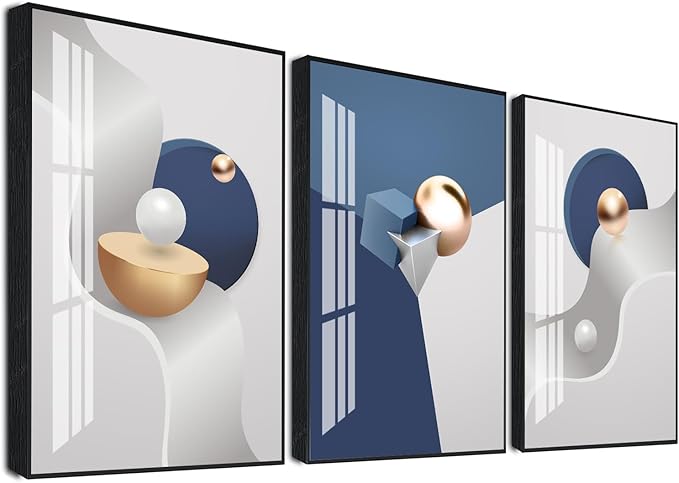 QKF Black Framed Large Wall Art Decor Living Room Geometry Abstract Decorative Painting Bedroom Room Bathroom Blue,Gray White Bright Modern Home art Office Restaurant Wall Canvas Posters & Prints 3