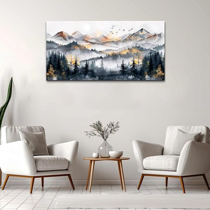 KELIYUAN Abstract Wall Decor For Bedroom Canvas Wall Art For Living Room Office Decoration Ink Mountain Landscapes Painting Misty Forest Wall Artwork Ready To Hang Room Home Decor 20"x40"