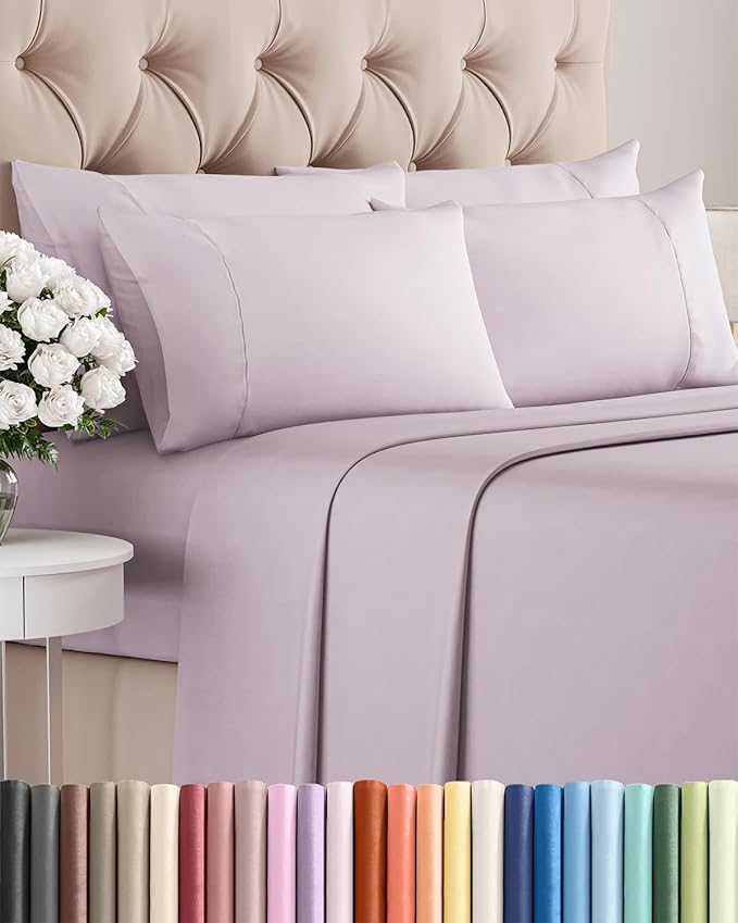 Queen 6 Piece Sheet Set - Cooling & Breathable Bed Sheets - Hotel Luxury Bed Sheets for Women, Men, Kids & Teens - Deep Pocket Bedding w/Easy Fit - Soft & Wrinkle Free - Queen Light Lavender Sheets