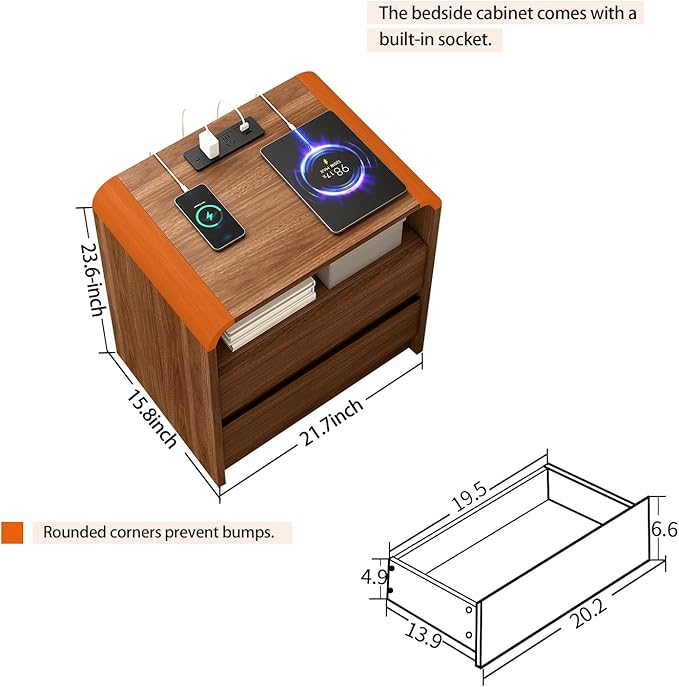 Walnut Nightstand with Charging Station, 21 Inch Wide Night Stand with Deep Drawers, Modern Bedroom Bedside End Table with Rounded Corners Anti-Collision Design for Dorm, Sofa, Office