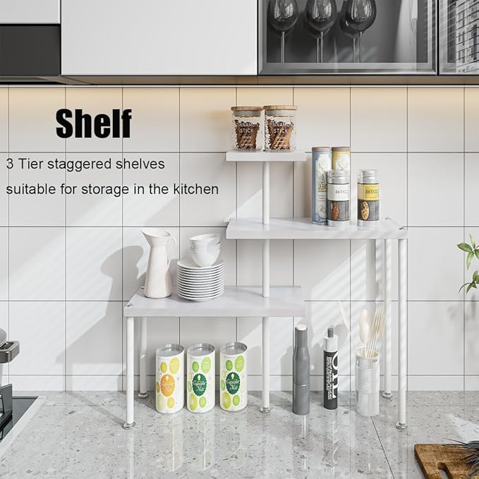 Countertop Organizer Organization 3 Tier Kitchen Corner Shelves Adjustable Spice Storage Rack for Bathroom Coffee Area Over Sink (White)