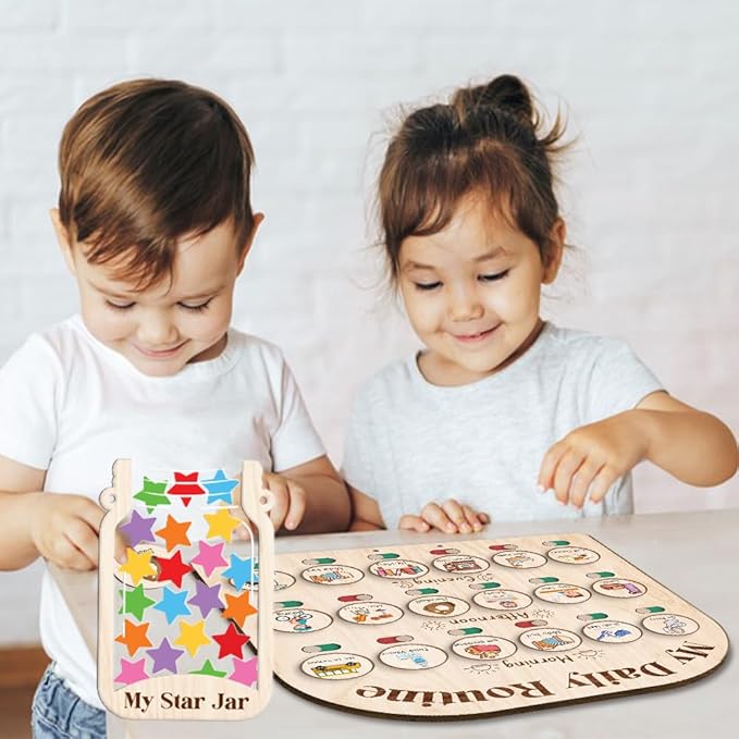 Wooden Daily Routine Chart with 30 Tokens Reward Jar, Toddler Reward System, Morning Bedtime Routine Chart, Toddler Charts for Behavior and Routines, Wooden Chore Chart for Kids
