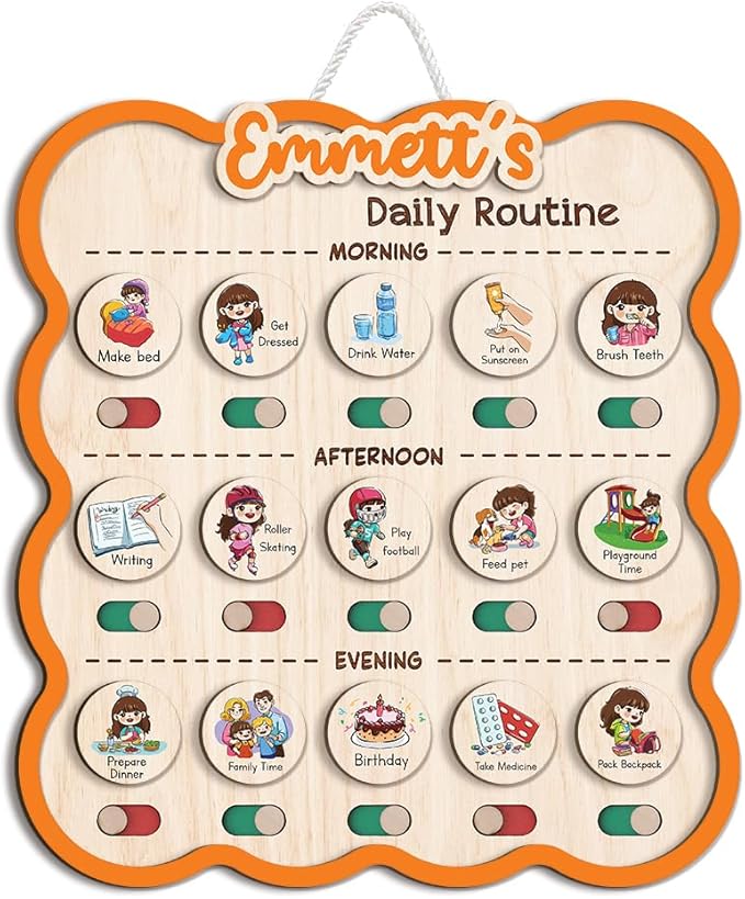 Personalized Wooden Chore Chart for Kids, Daily Routine Chart for Toddlers, Visual Schedule for Kids Age 3-5, Morning Bedtime Routine for Girls (06)