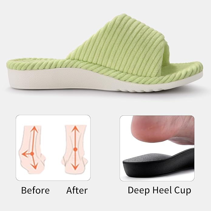 Litfun Orthopedic House Slippers for Women Adjustable Arch Support Indoor Slippers Open Toe Corduroy Bedroom Shoes