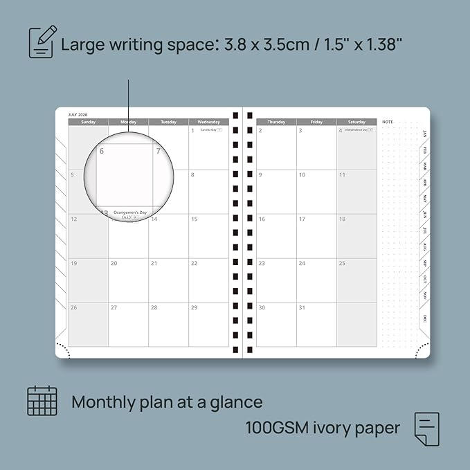 POPRUN 2026 Planner Weekly Notebook (Jan-Dec), Medium 8.5''x 6.5'' - Agenda 2026 Calendar Book with Monthly Tabs, Inner Pocket, Spiral Soft Cover, 100 GSM - Brown