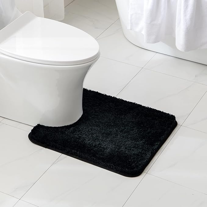 MIULEE Microfiber Toilet Bath Mat U-Shaped Contour Shaggy Bathroom Rugs Non Slip Extra Thick Soft Bath Rug Absorbent Water for Bathroom Commode Machine Washable(20x24 Inch, Black)