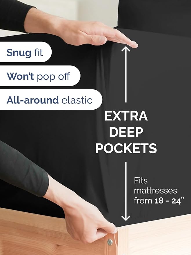 Extra Deep Full Sheet Set - 6 Piece Breathable and Cooling Sheets - Hotel Luxury Bed Sheets Set - Easy & Secure Fit - Soft, Wrinkle Free and Comfy Sheets Set - Black Sheet Set with Extra Deep Pockets