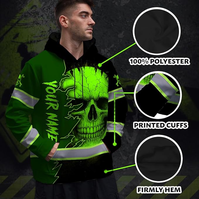 Matedecor Skull US Flag Reflective High Visibility Hoodie For Men Construction Hi Vis Safety Workwear Custom Name